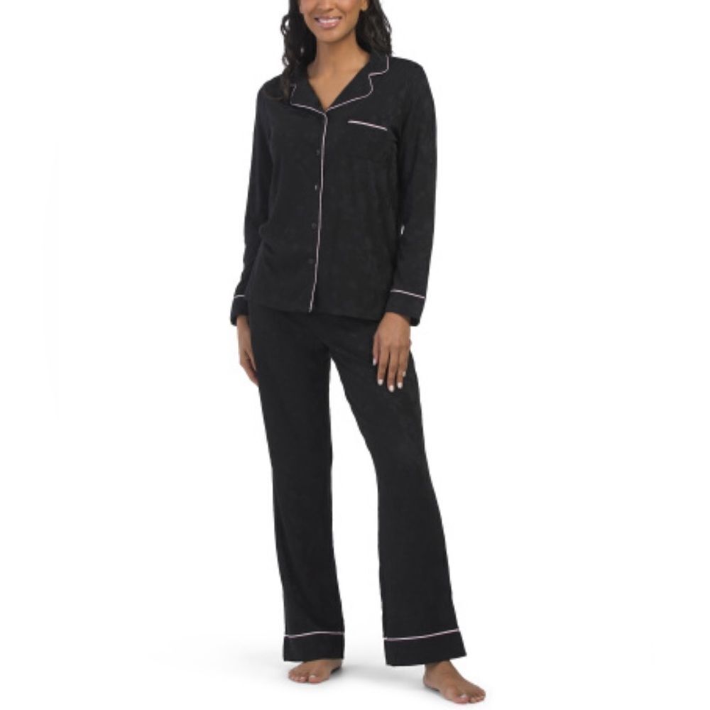 Tamara H Black Pink Jacquard Floral Notched Collar Long Sleeve Pants PJ Gift Set